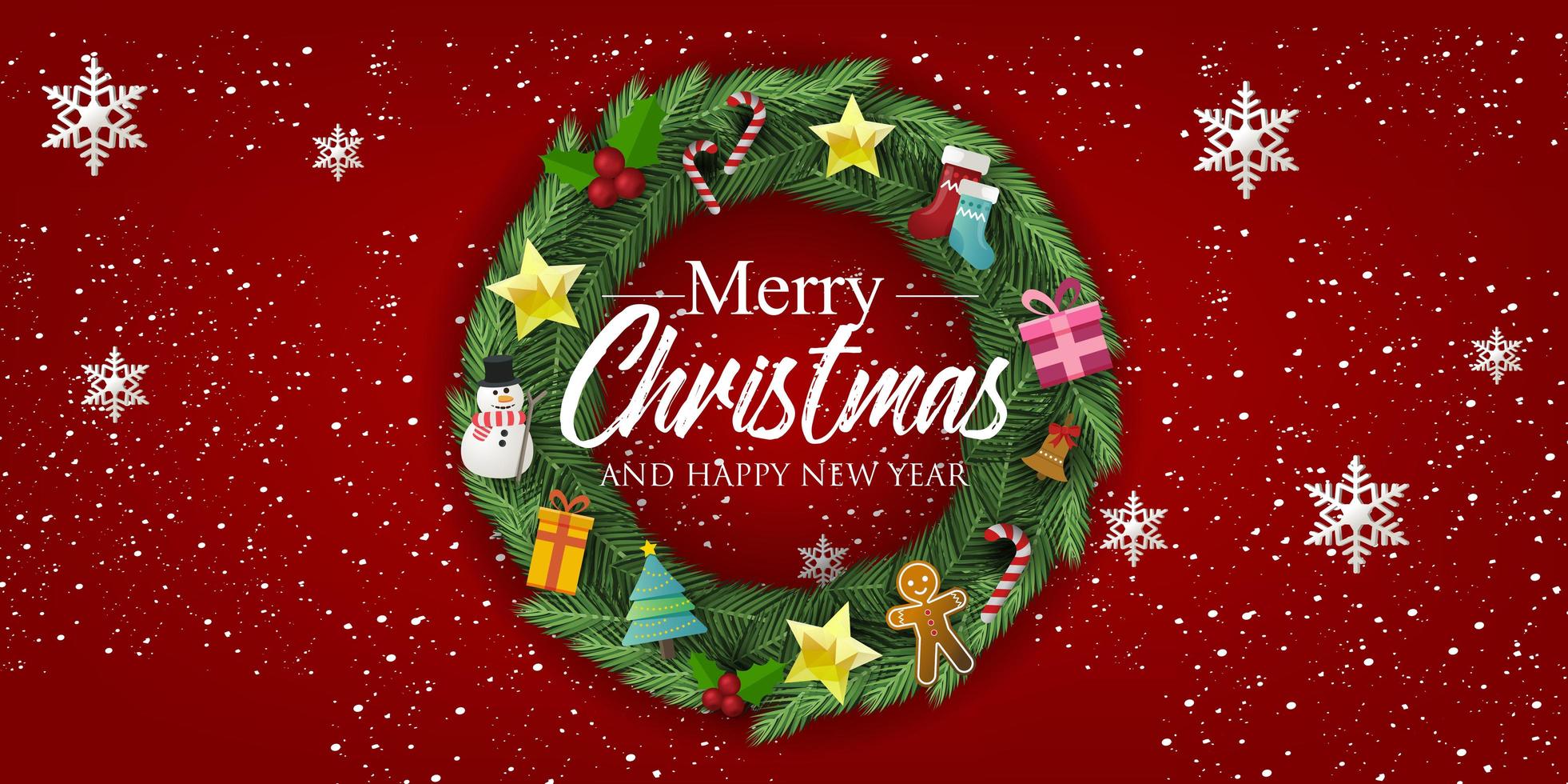 banner de Natal com fundo e decorações de Natal. texto feliz Natal e feliz ano novo. vetor