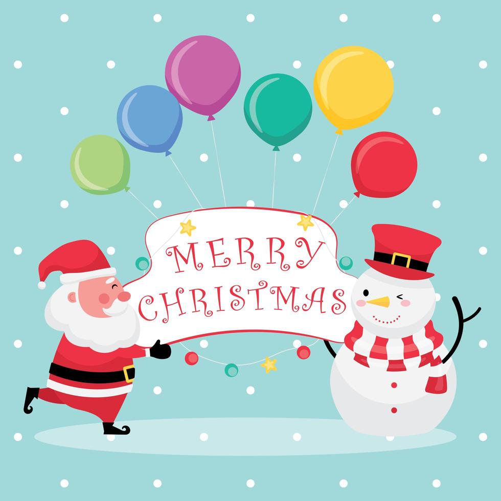 cartão azul claro com texto de feliz natal, papai noel, boneco de neve e balão colorido vetor