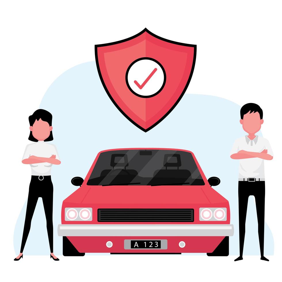empresa de seguros de automóveis com um agente ao lado de um carro vermelho com o símbolo de proteção vetor