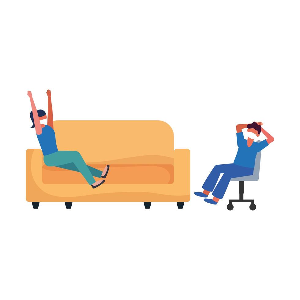 mulher e homem com máscara no sofá e cadeira desenho vetorial vetor