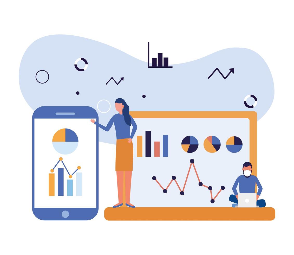 mulher e homem com máscara e infográfico no design de vetor de smartphone e laptop
