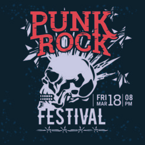 Hipster Punk Rock Festival Poster com Crânio e Estrelas Lightning Starburst vetor