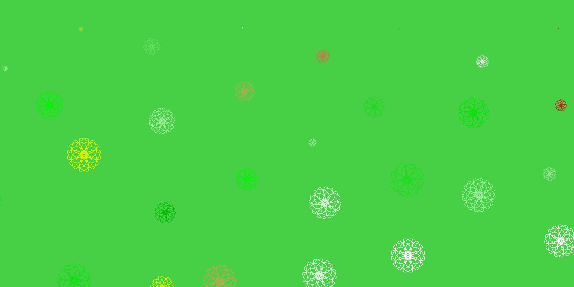 fundo do doodle do vetor verde e vermelho claro com flores.