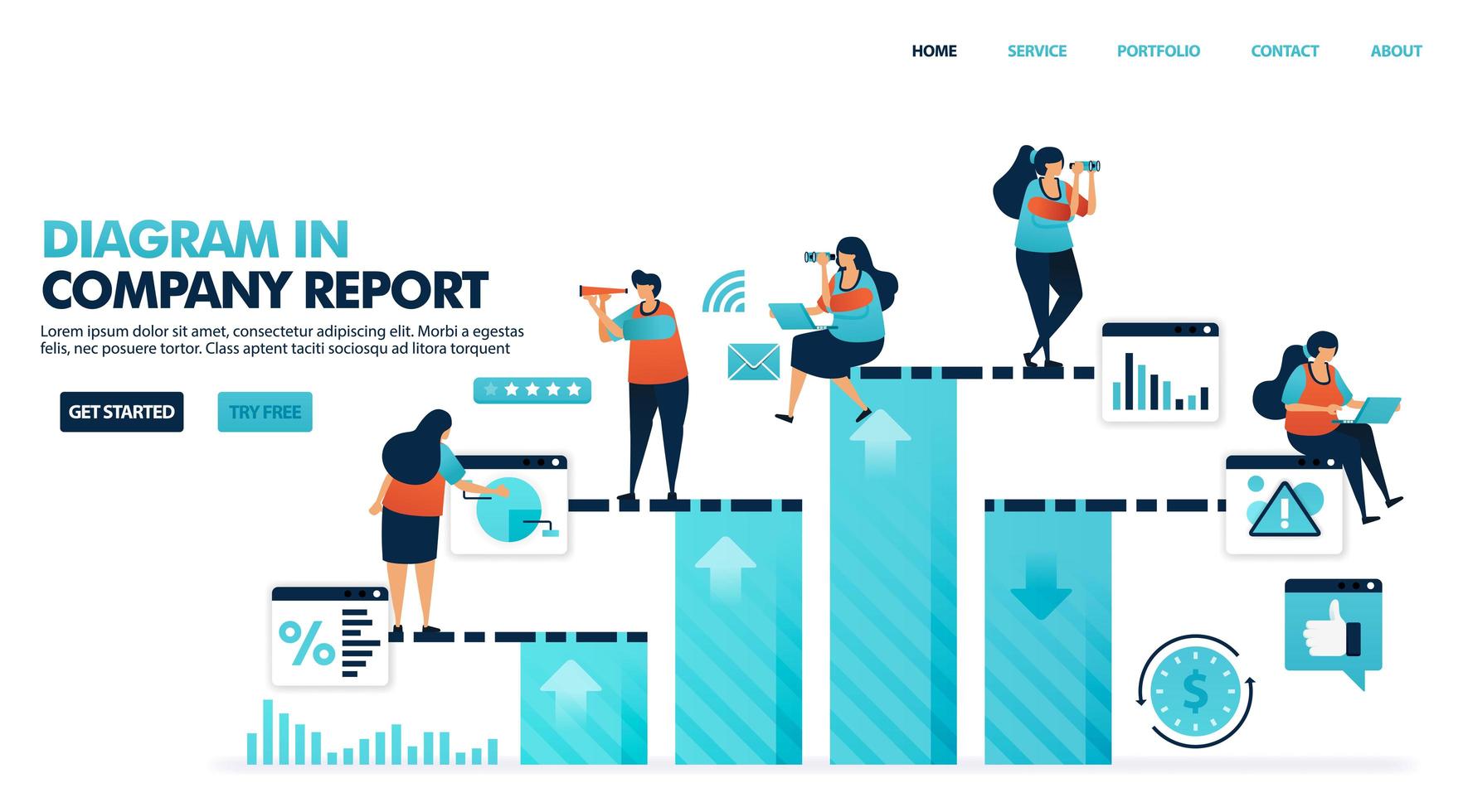 gráfico de barras para o resultado da demonstração de resultados da empresa. aumento anual corporativo. aumentar o lucro e os coeficientes operacionais. relatório anual de negócios. ilustração humana para site, aplicativos móveis, pôster vetor