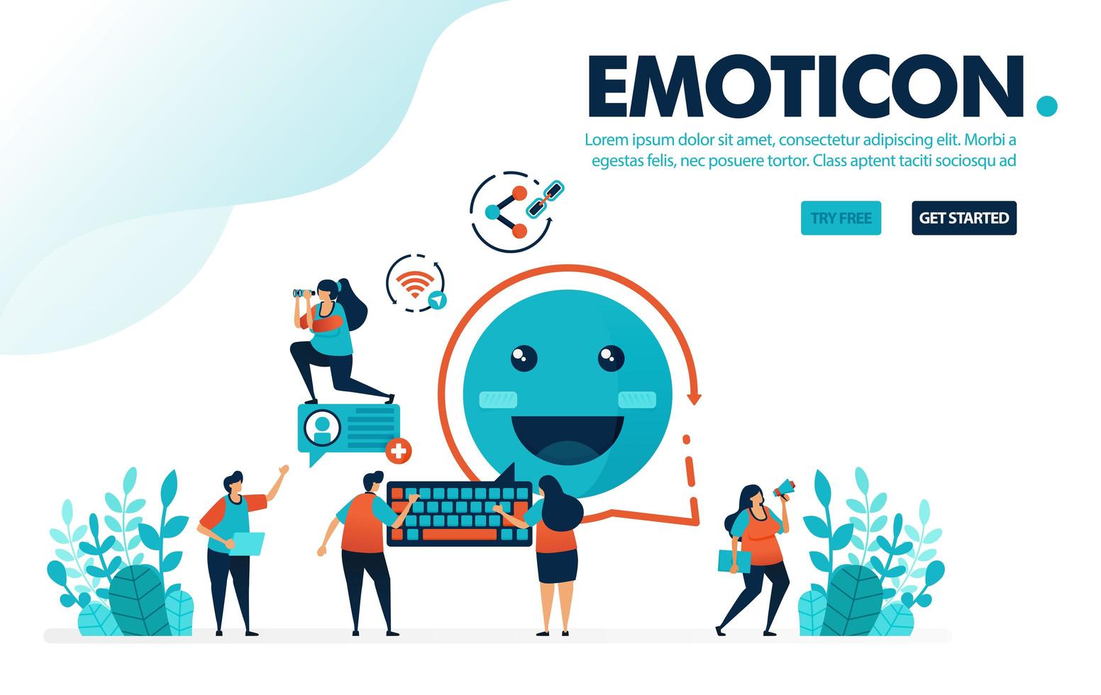 mensagem de emoticon de ilustração vetorial. as pessoas compartilham mensagens com emoticons sorridentes. Internet para comunicar e compartilhar links. projetado para página de destino, web, banner, aplicativos móveis, modelo, folheto, pôster vetor