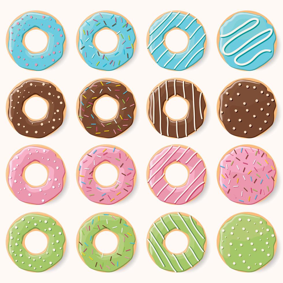 coleção de dezesseis donuts coloridos esmaltados com sabores diferentes vetor