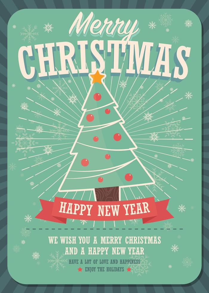 cartão de feliz natal com árvore de natal e caixas de presente no fundo do inverno vetor