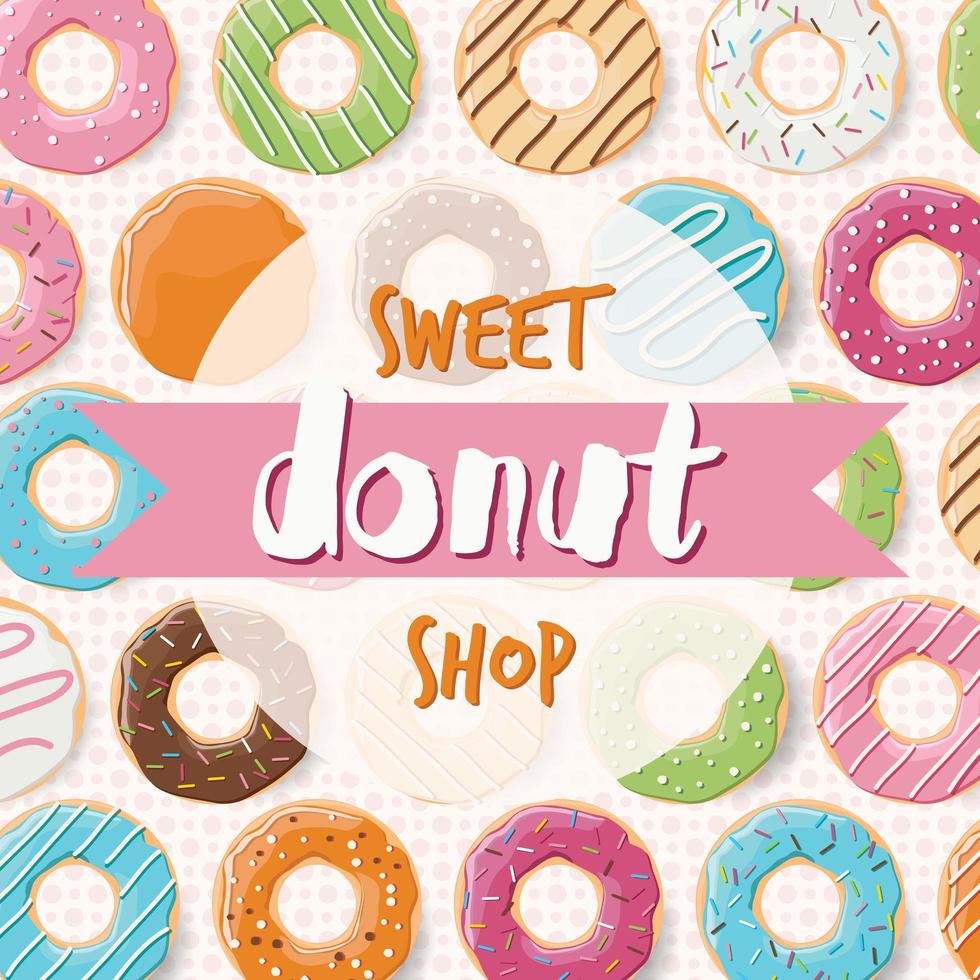 design de pôster com rosquinhas saborosas coloridas e brilhantes para uma loja de donuts vetor