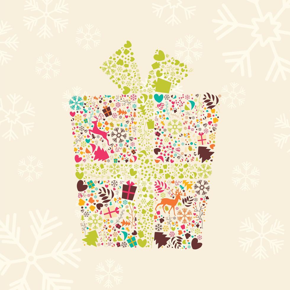 caixa de presente de natal ornamental com renas, flocos de neve e flores vetor