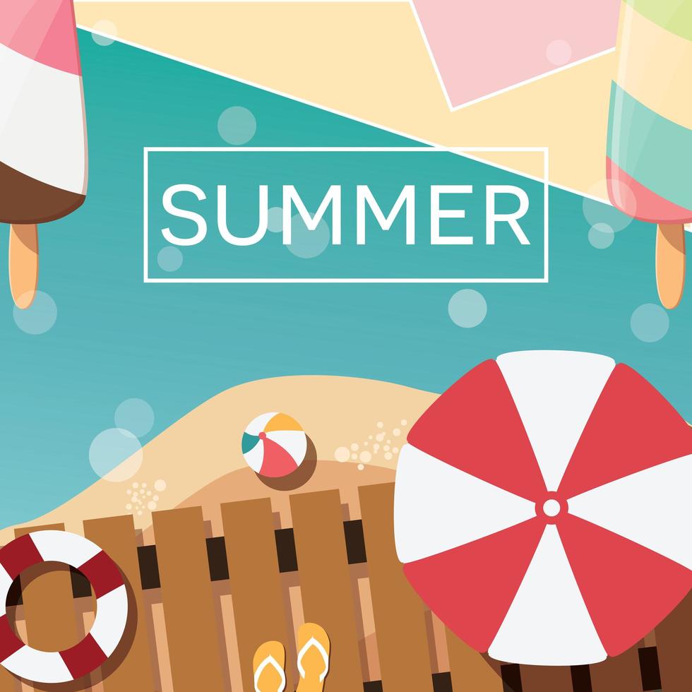 design moderno de cartaz tipográfico de verão com sorvete, praia e elementos geométricos vetor