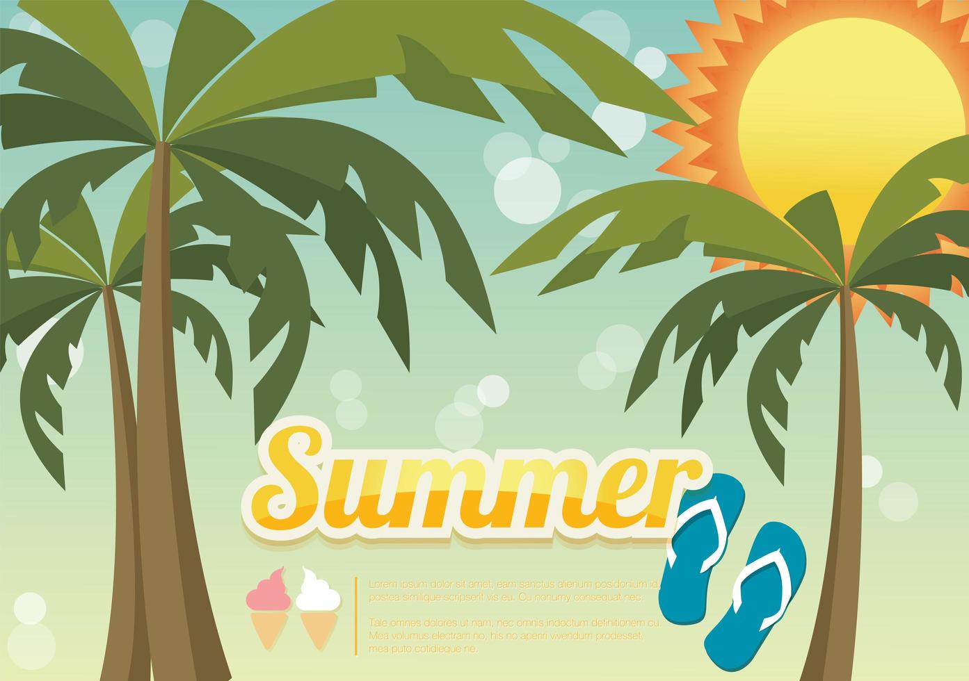 cartão de férias de verão com palmeiras e chinelos vetor