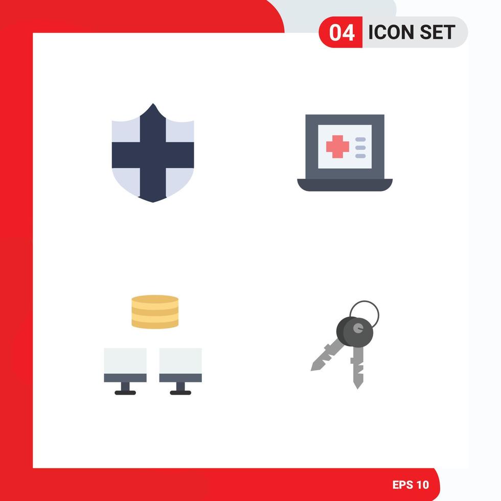 pacote de 4 sinais e símbolos de ícones planos modernos para mídia de impressão na web, como chaves de proteção, casa de backup de laptop, elementos de design de vetores editáveis