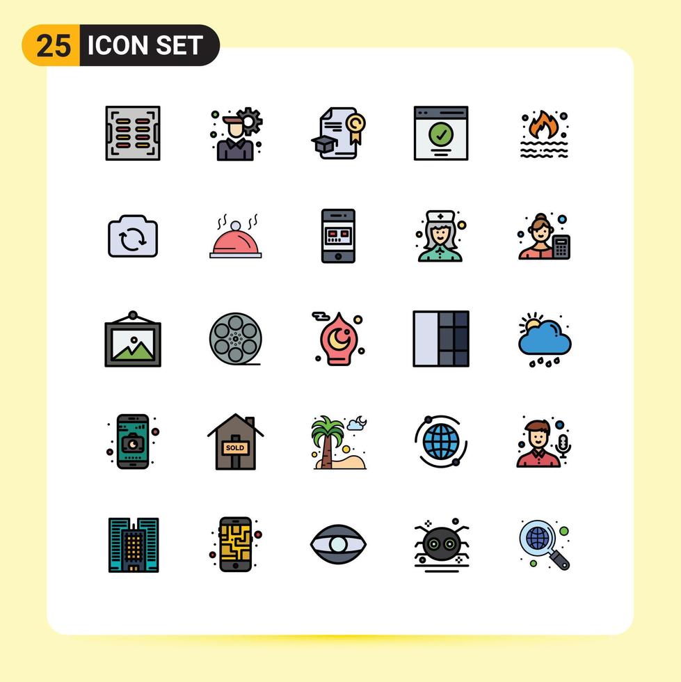 25 símbolos de sinais de cor plana de linha preenchida universal de interface de sucesso de educação de usuário de fogo elementos de design de vetores editáveis