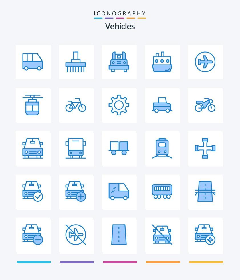 veículos criativos 25 pacote de ícones azuis, como tráfego. carro. trator. barco. transporte vetor