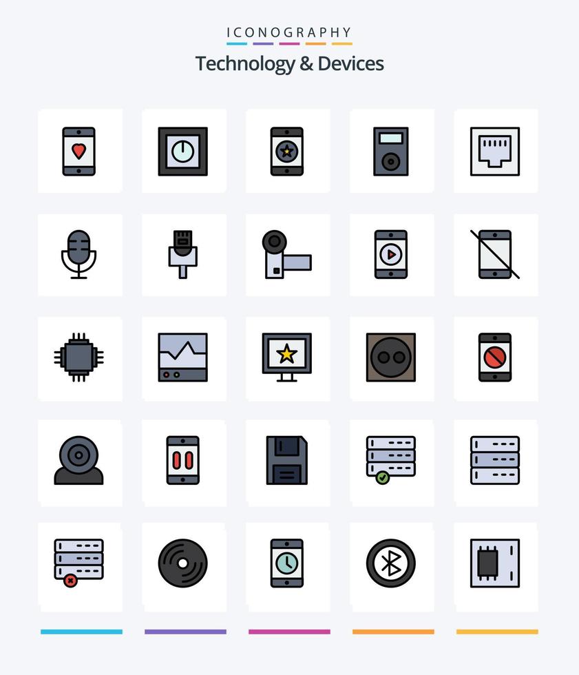Dispositivos criativos Pacote de ícones preenchidos com 25 linhas, como iPod. dispositivos. seguro. telefone. favorito vetor