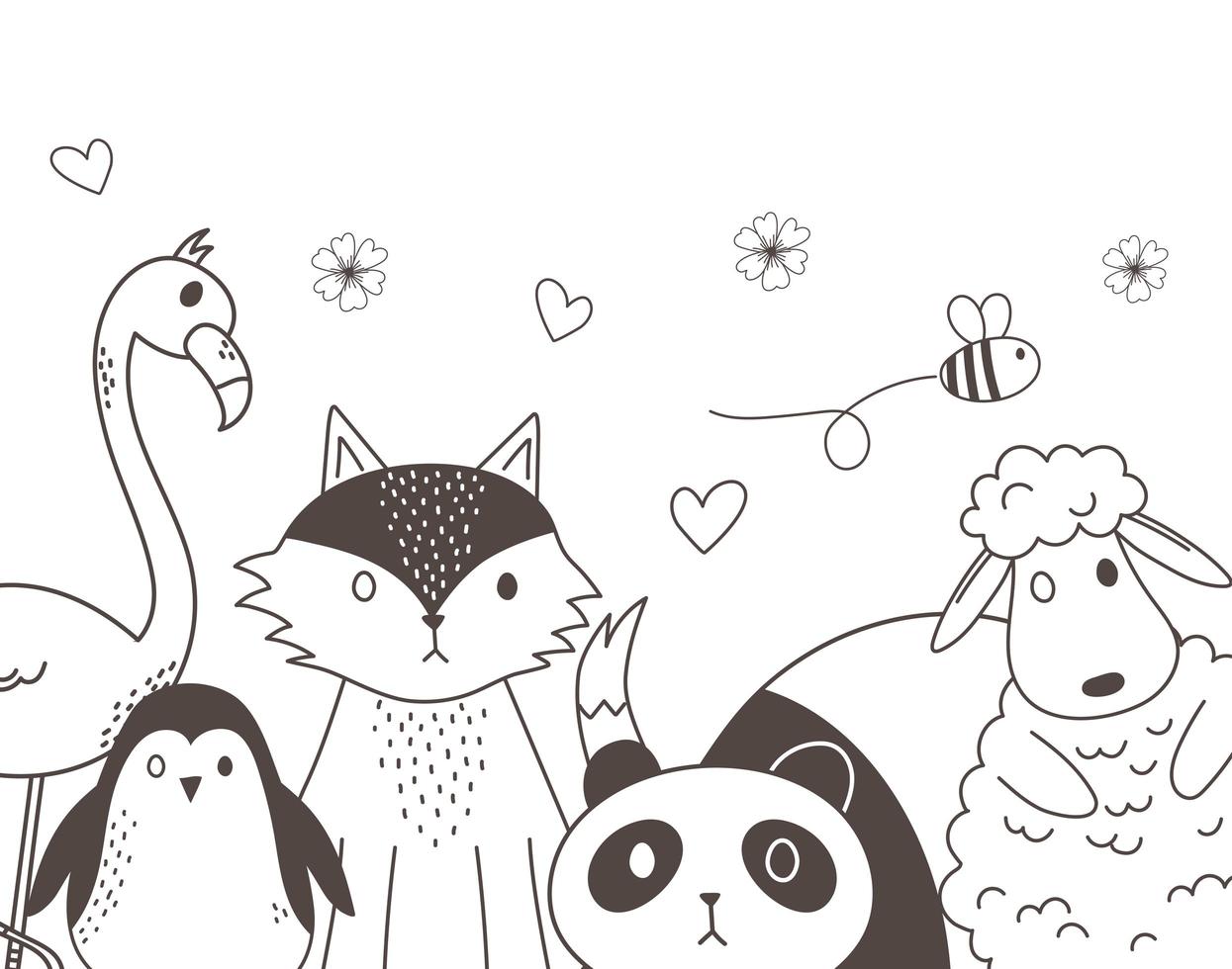 animais fofos esboçar desenhos animados animais selvagens adorável raposa panda ovelha pinguim abelha e flamingo vetor