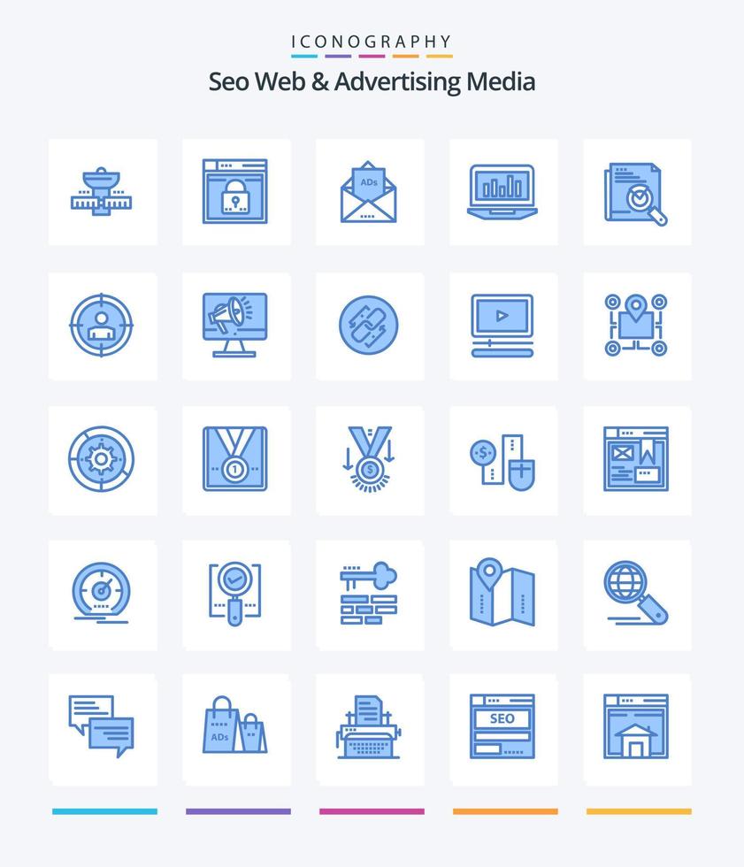 web seo criativa e mídia publicitária 25 pacote de ícones azuis, como gráfico. correspondência. layout. carta. propaganda vetor