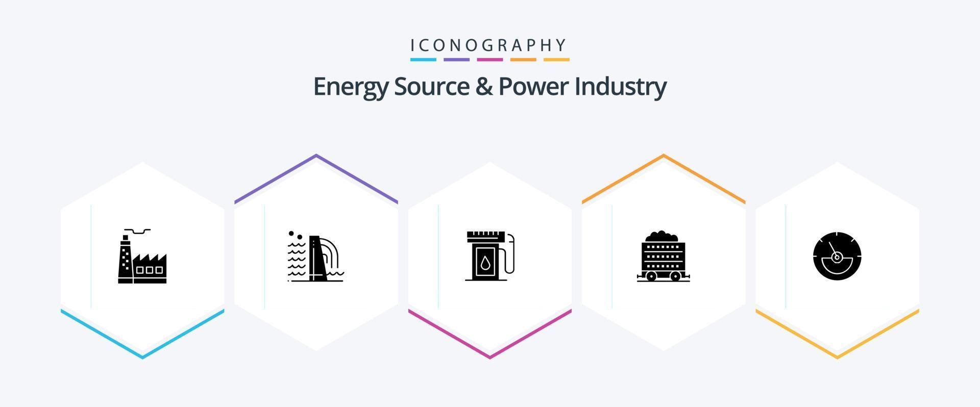 fonte de energia e pacote de ícones de 25 glifos da indústria de energia, incluindo amperímetro. roda. Gasolina. construção. carrinho vetor