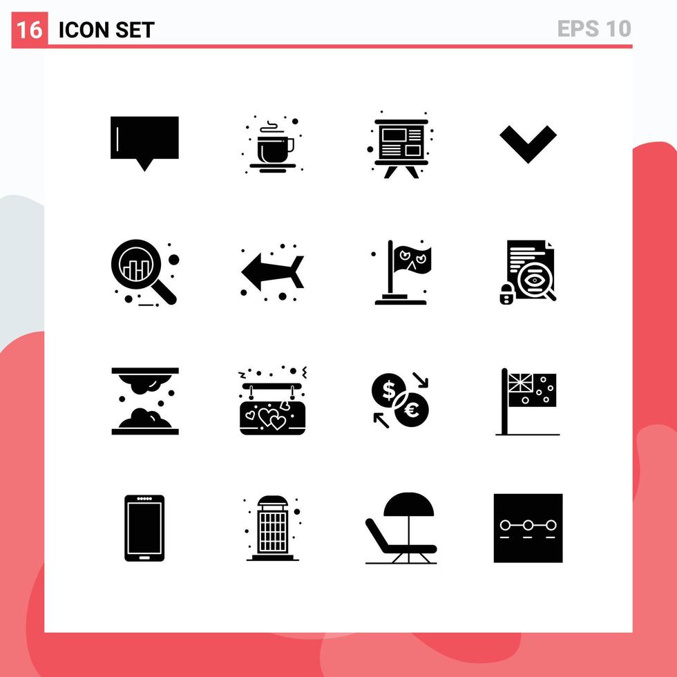 conjunto de glifos sólidos de interface móvel de 16 pictogramas de análise de estudo de negócios de seta para baixo elementos de design de vetores editáveis