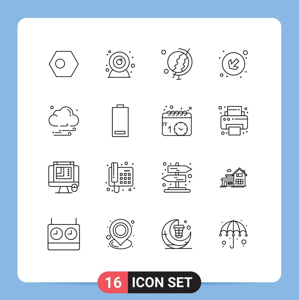 grupo de símbolos de ícones universais de 16 contornos modernos de bateria, noite, terra, nuvem, elementos de design vetorial editáveis vetor