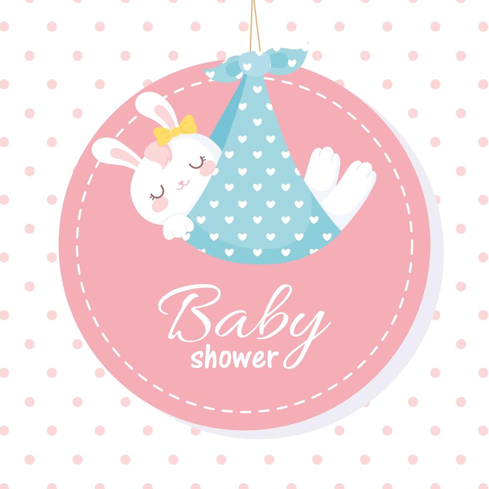 chá de bebê, coelhinho branco no cobertor, etiqueta de fundo pontilhada de celebração de recém-nascido de boas-vindas vetor