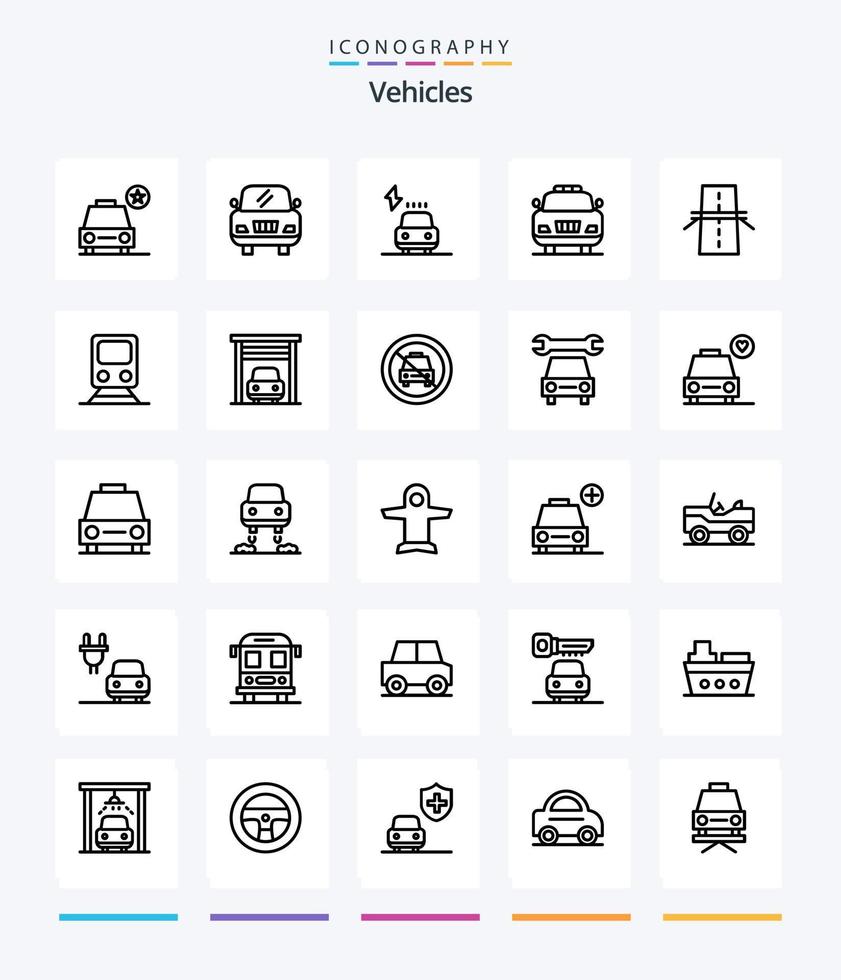 veículos criativos 25 pacote de ícones de contorno, como rodovia. criativo. elétrico. construção. polícia vetor