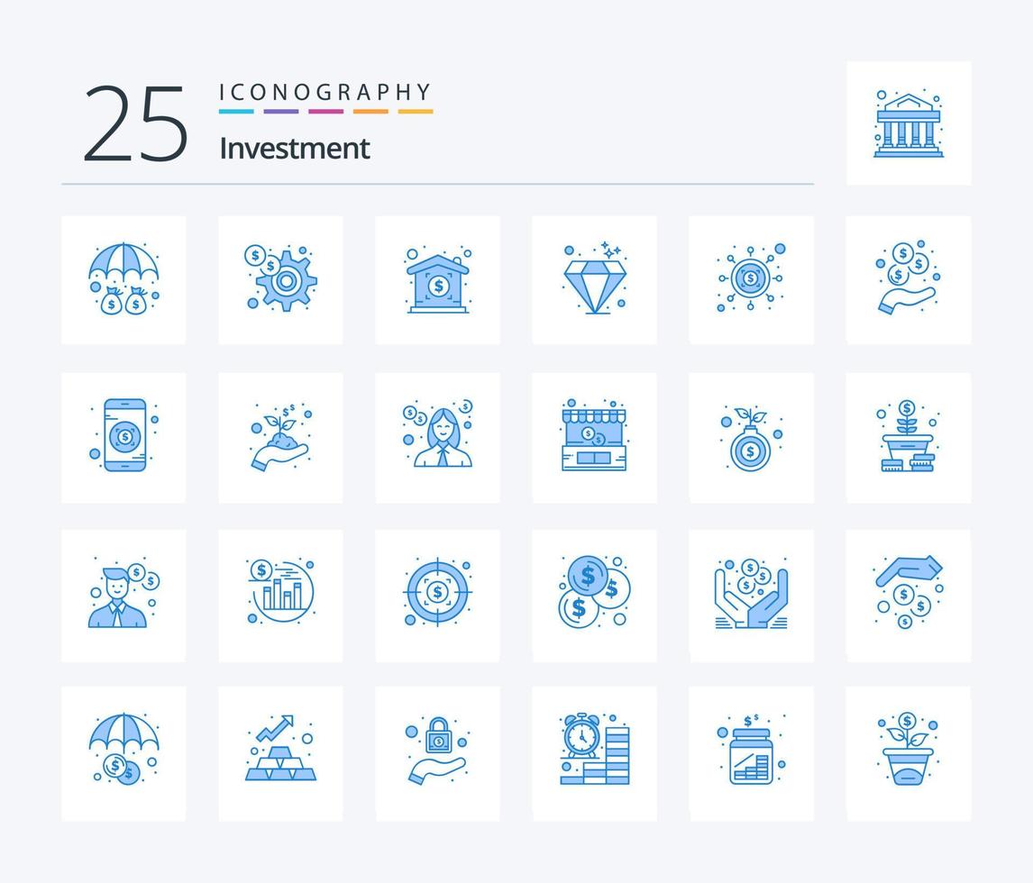 investimento 25 pacote de ícones de cor azul, incluindo dólar. seo. investimento. investimento. gema vetor