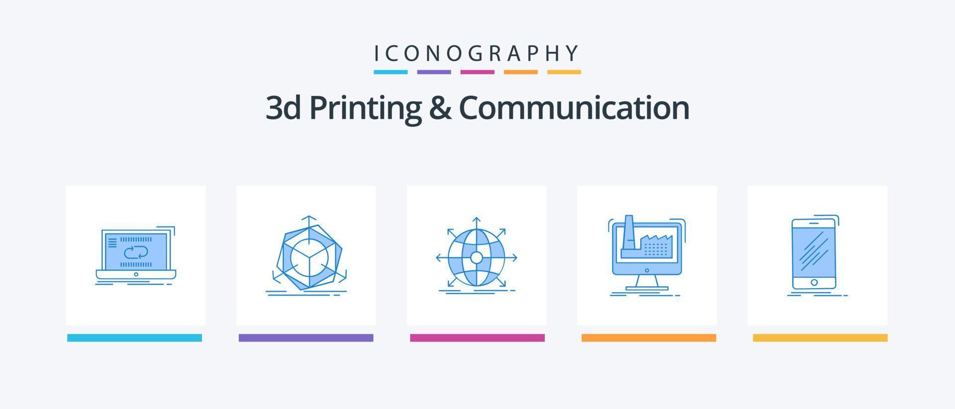 Impressão 3D e pacote de ícones azul 5 de comunicação, incluindo fabricação. digital. modificação. rede. internacional. design de ícones criativos vetor