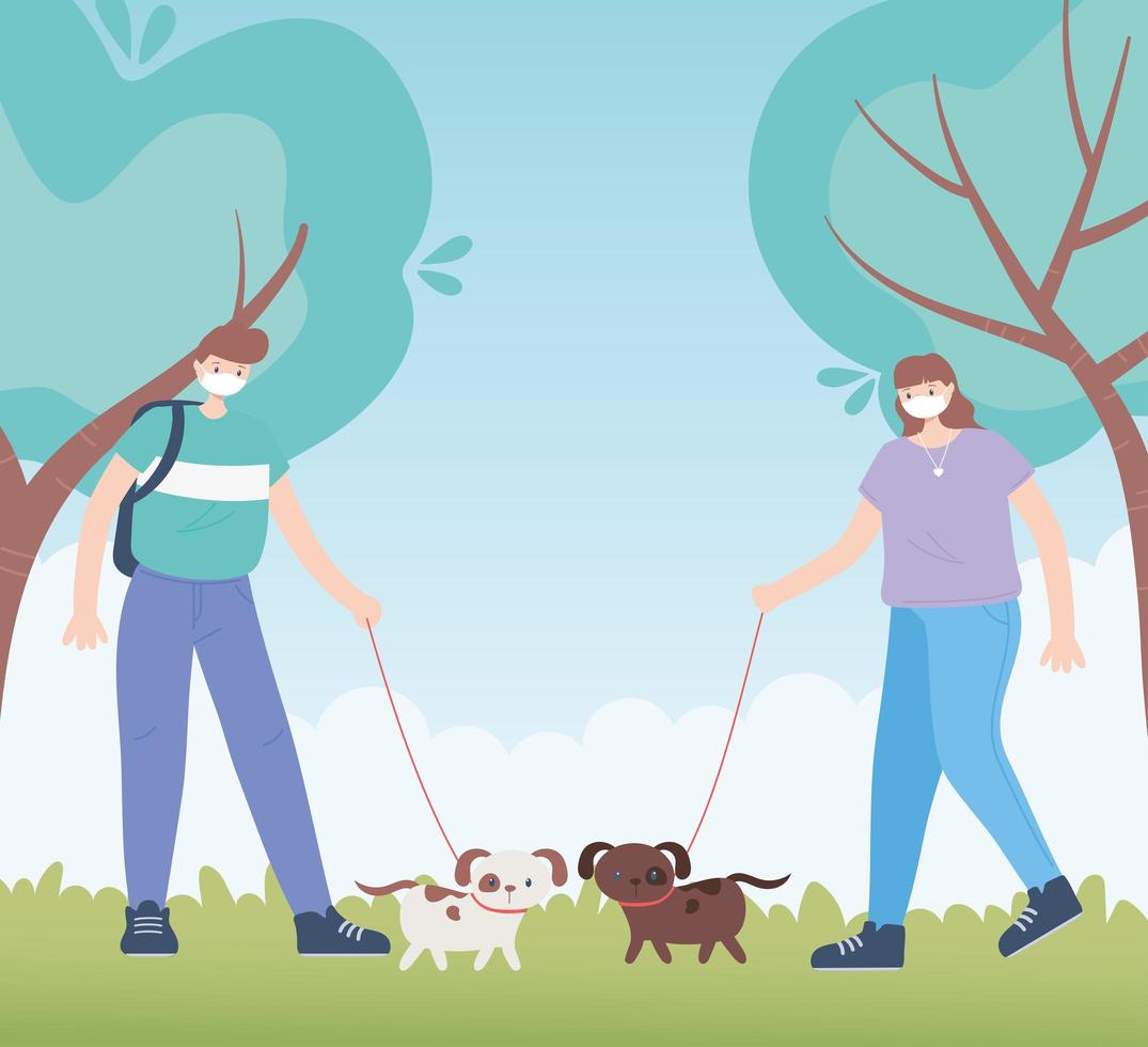 pessoas com máscara facial médica, homem e mulher passeando com cães no parque, atividade na cidade durante o coronavírus vetor