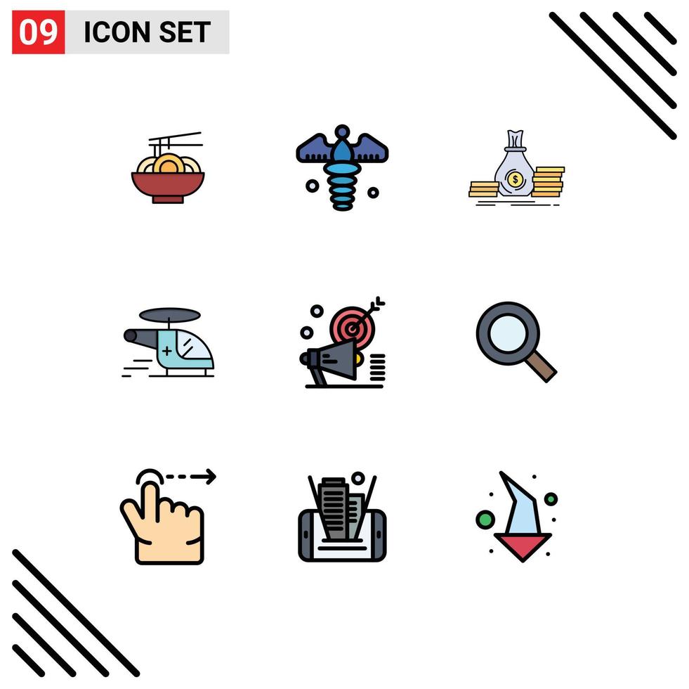 9 interface do usuário pacote de cores planas de linha cheia de sinais e símbolos modernos de elementos de design de vetores editáveis de dinheiro de helicóptero de acumulação médica de ar