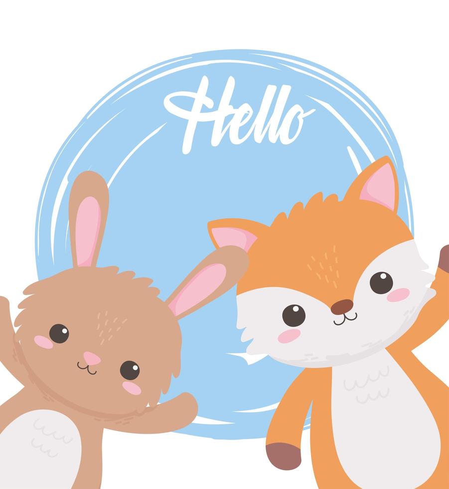 animais bonitos dos desenhos animados de coelho e raposa Olá projeto de fundo vetor