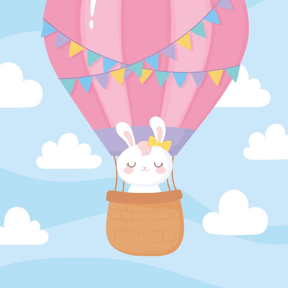 chá de bebê, coelho fofo voando no céu de balão de ar quente, cartão comemorativo de boas-vindas ao recém-nascido vetor