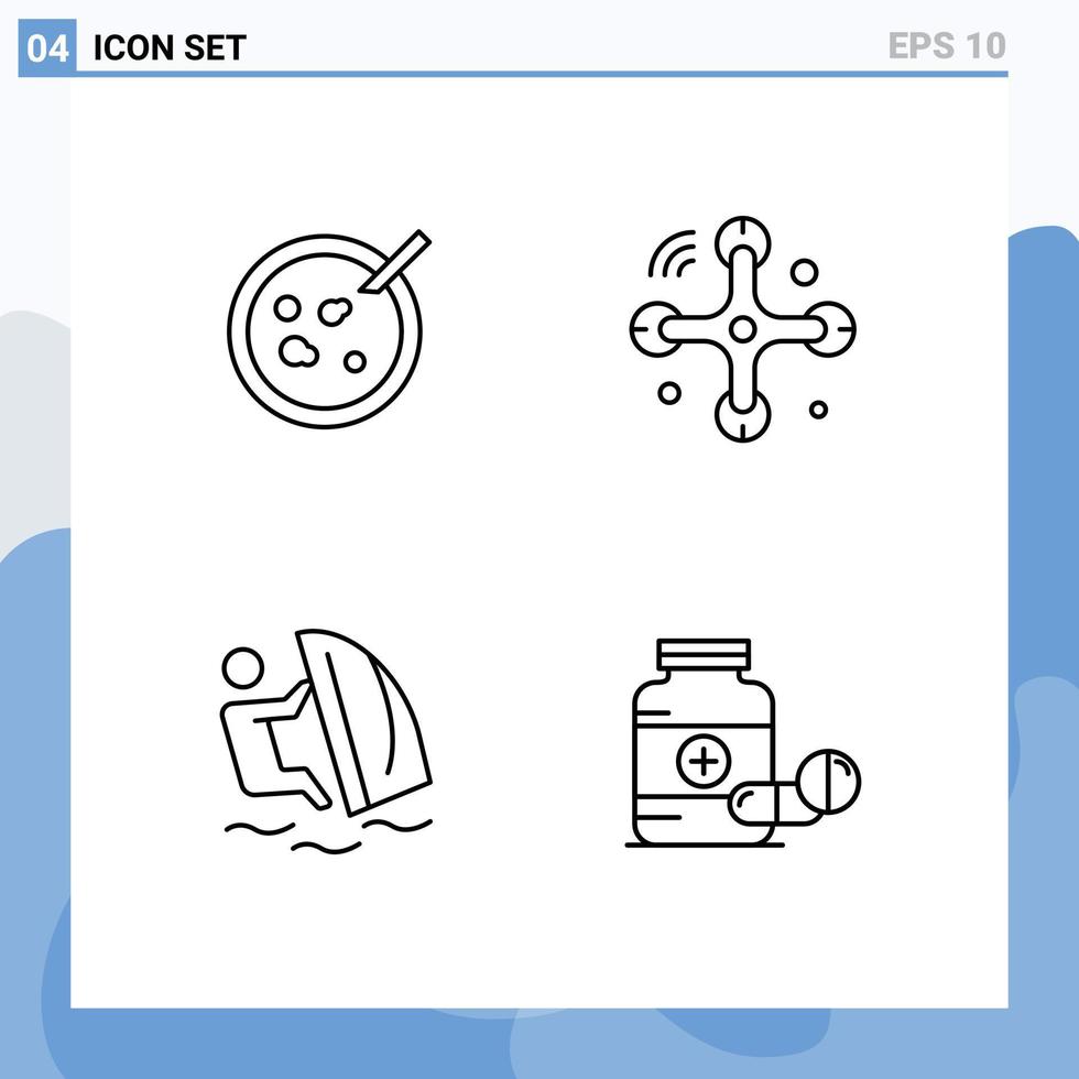 pacote de interface do usuário de 4 cores planas básicas de linha preenchida de elementos de design de vetor editável de vento de drone médico de surfe petri