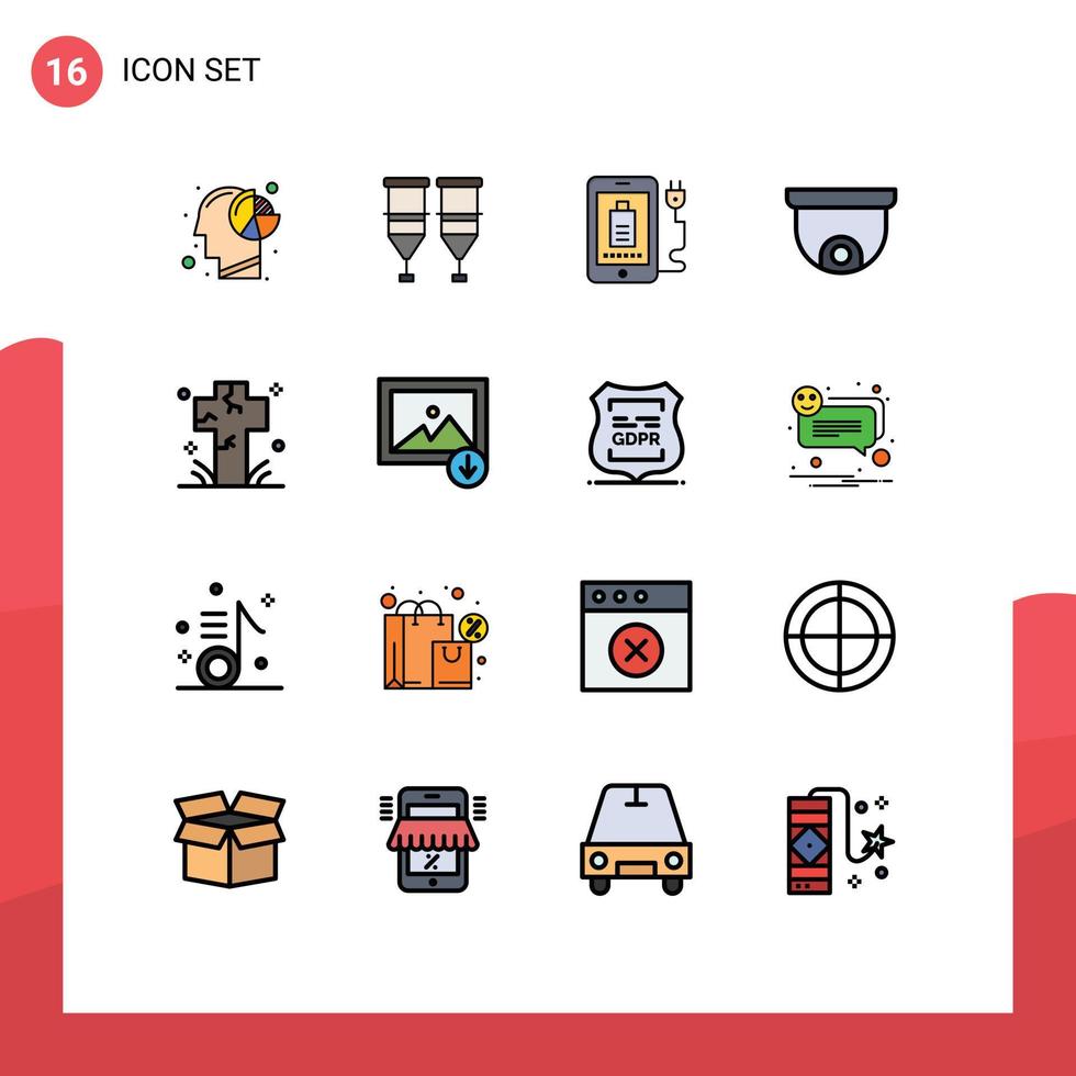 pacote de 16 sinais e símbolos de linhas cheias de cores planas modernas para mídia impressa na web, como câmera de seringa de projeto de cemitério, elementos de design de vetor criativos completos editáveis