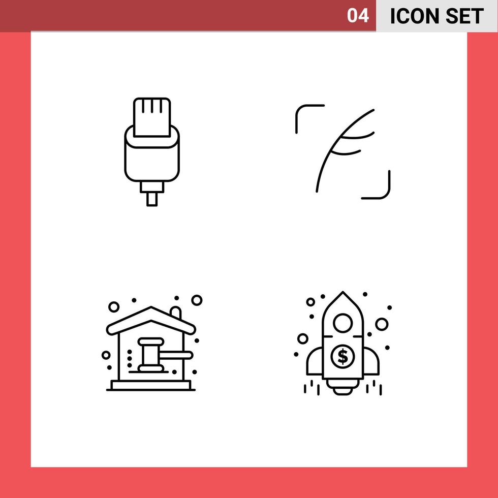 conjunto de pictogramas de 4 cores planas de linha preenchida simples de martelo de leilão de cabo, pássaro relâmpago, elementos de design de vetores editáveis em casa