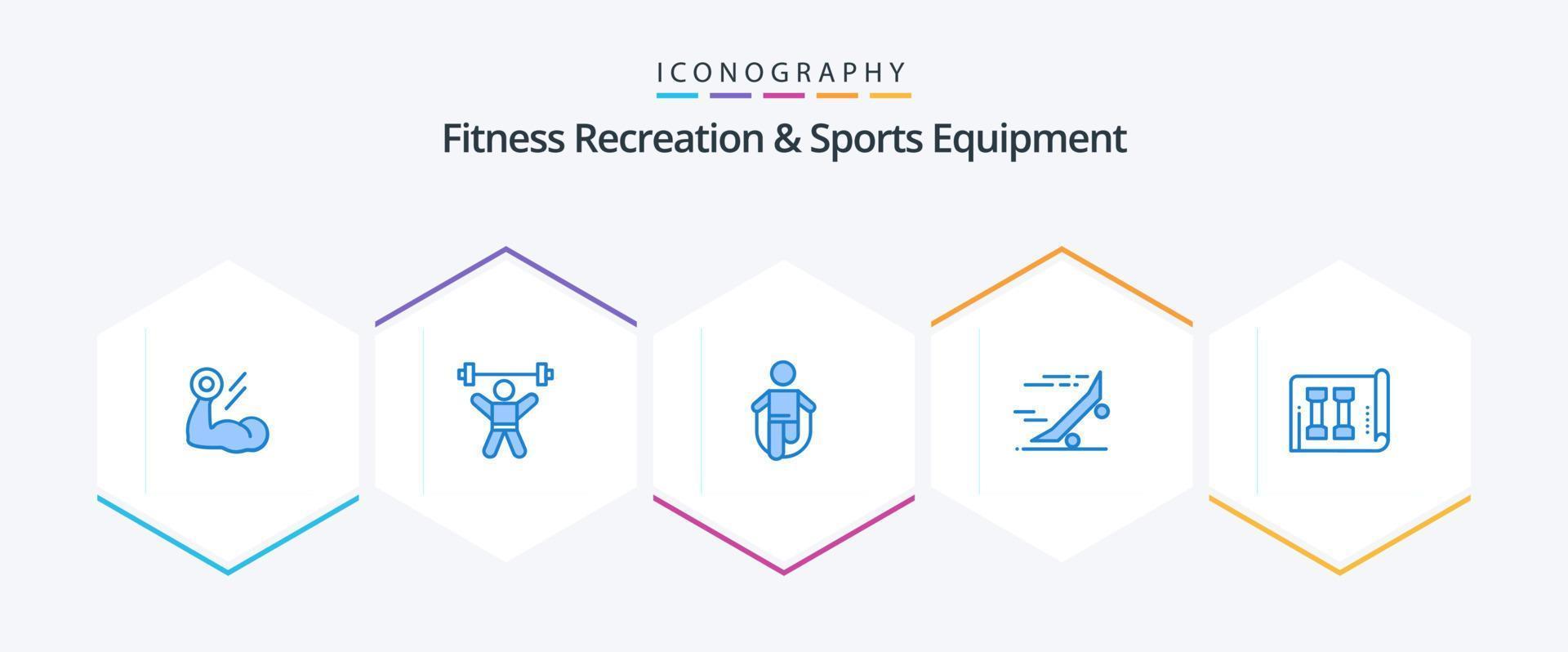 recreação de fitness e equipamentos esportivos 25 pacote de ícones azuis, incluindo equitação. velozes. ginástica. pulando. pulando vetor