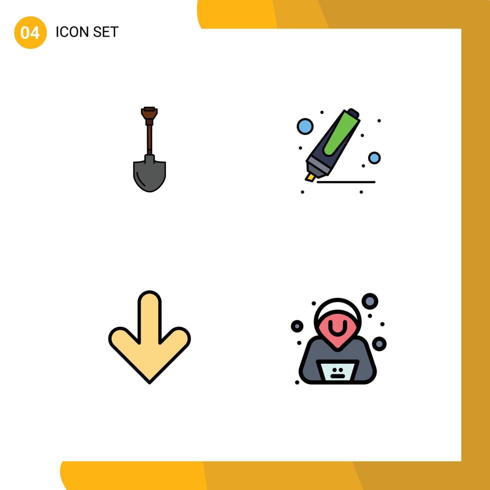conjunto de cores planas de linha preenchida de interface móvel de 4 pictogramas de marcador de reparo showel down baixar elementos de design de vetores editáveis
