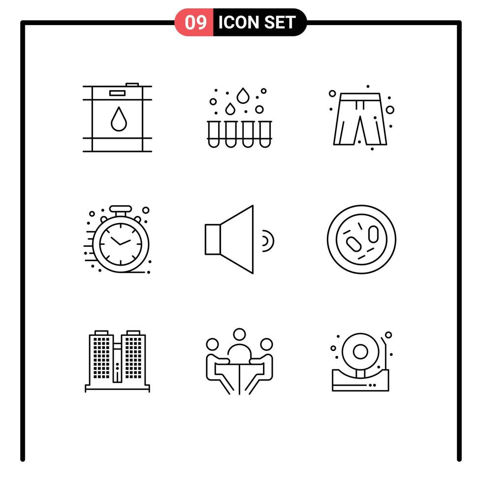 pacote de 9 sinais e símbolos de contornos modernos para mídia impressa na web, como calças de alto-falante de bactérias, relógio de som, elementos de design vetorial editáveis vetor