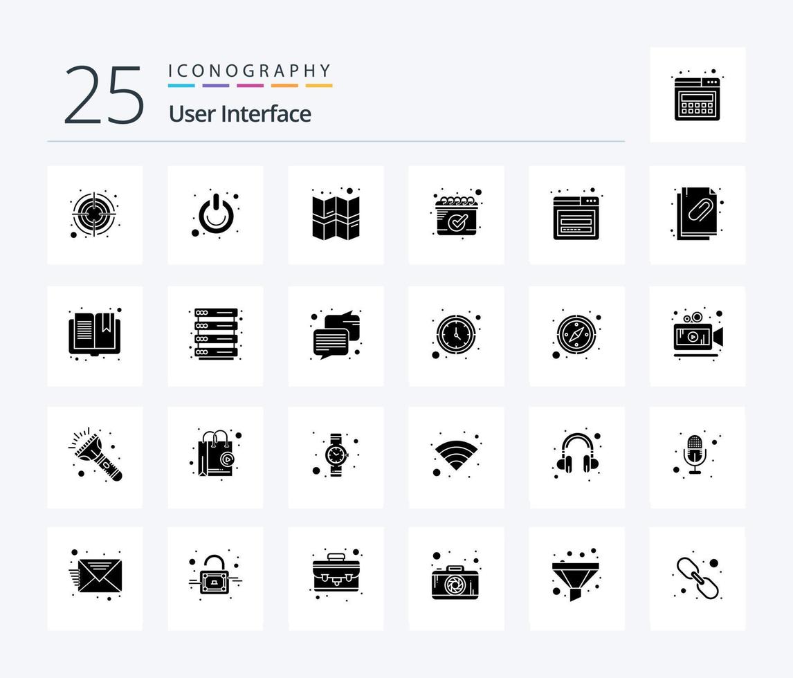 interface do usuário 25 pacote de ícones de glifos sólidos, incluindo página. conta. trocar. cronograma. calendário vetor