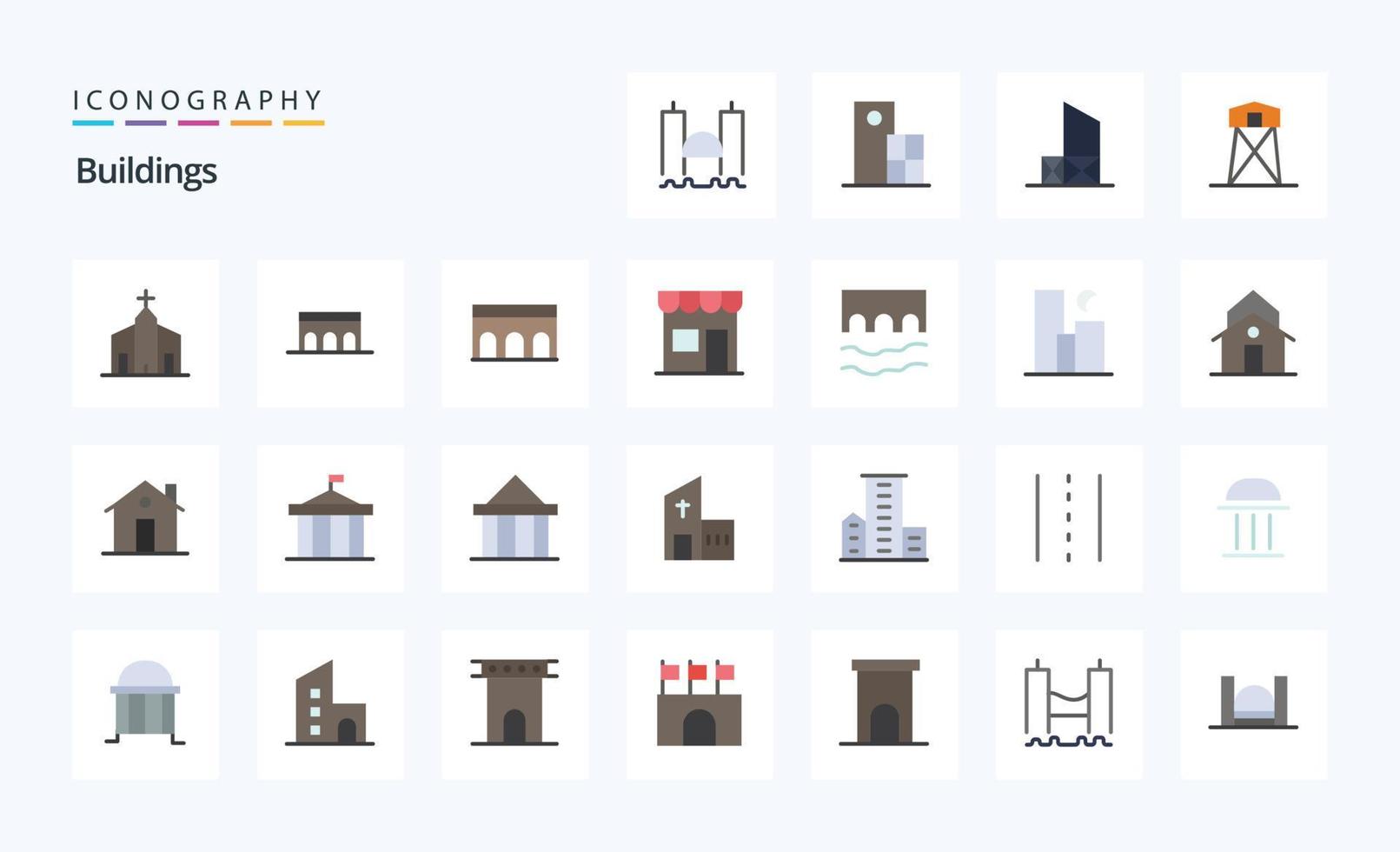pacote de ícones de cores planas de 25 edifícios vetor