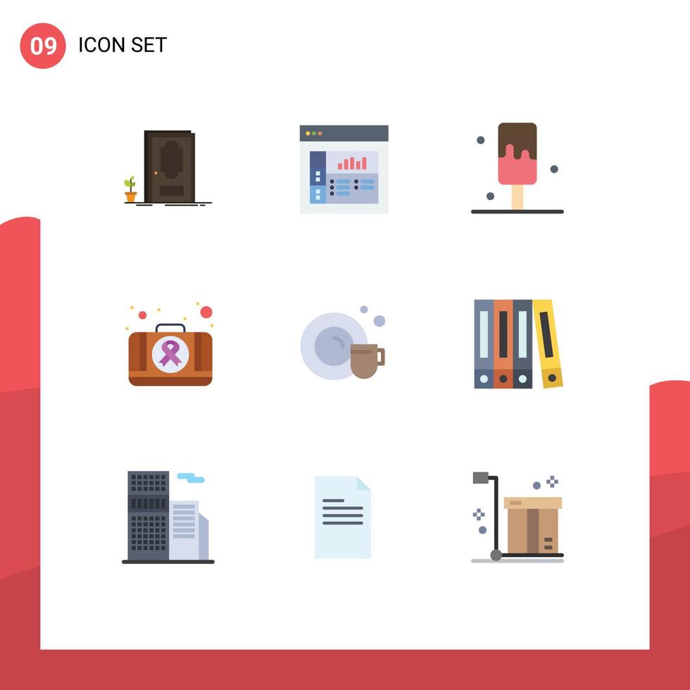 conjunto de cores planas de interface móvel de 9 pictogramas de elementos de design de vetores editáveis de copo de arquivo