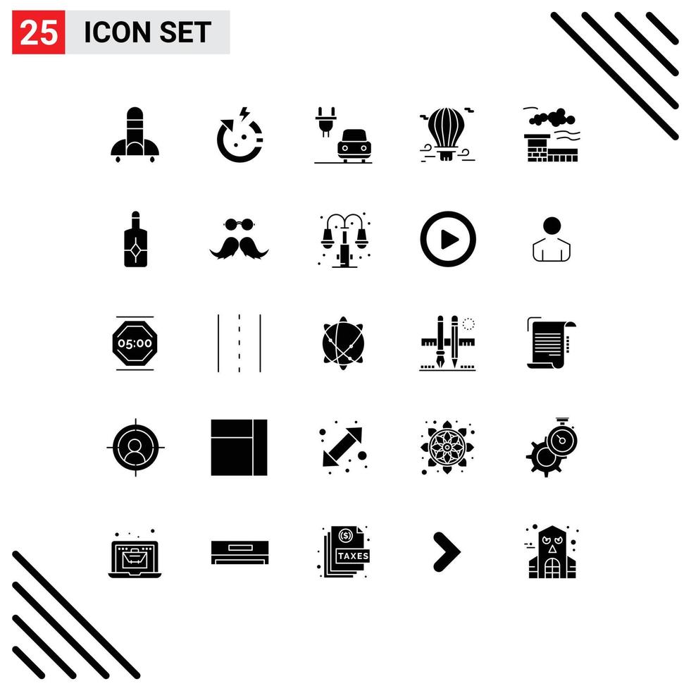 25 sinais de glifos sólidos universais símbolos de elementos de design de vetor editável de ar de balão de carro de viagem da indústria