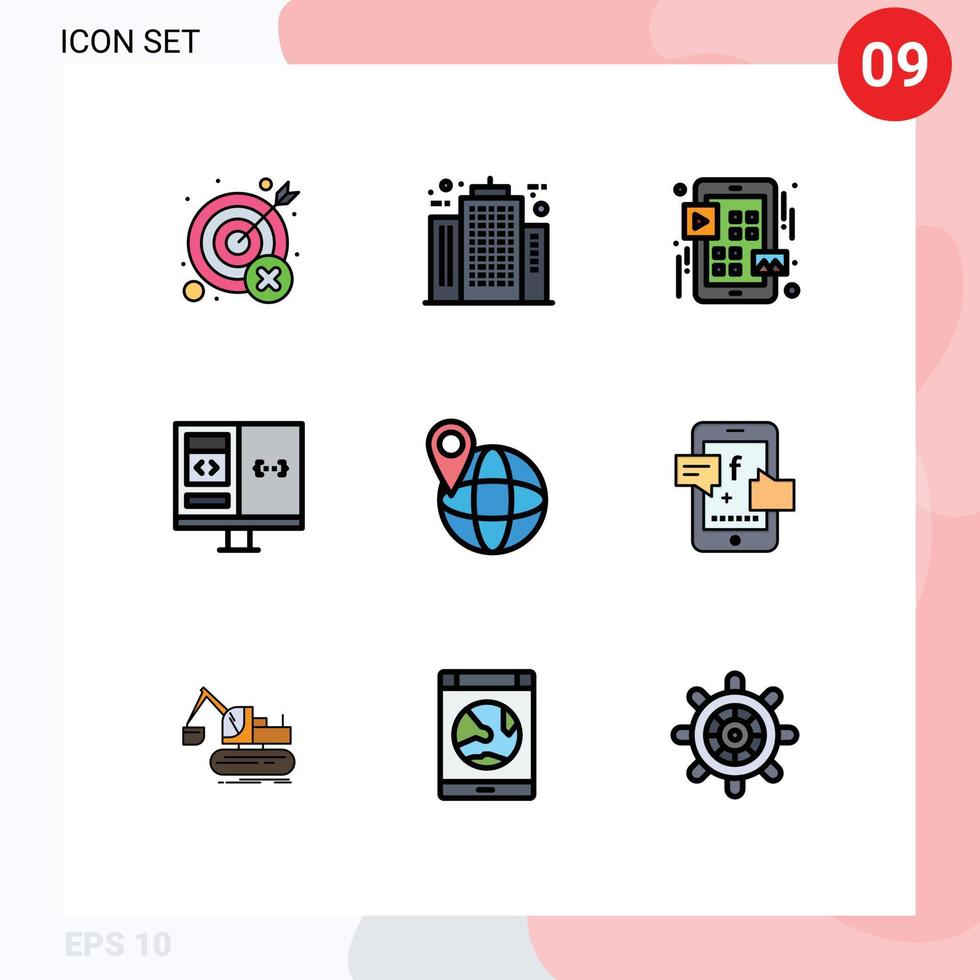 9 interface do usuário pacote de cores planas de linha cheia de sinais e símbolos modernos de desenvolvimento de elementos de design de vetores editáveis do aplicativo da empresa de codificação ui