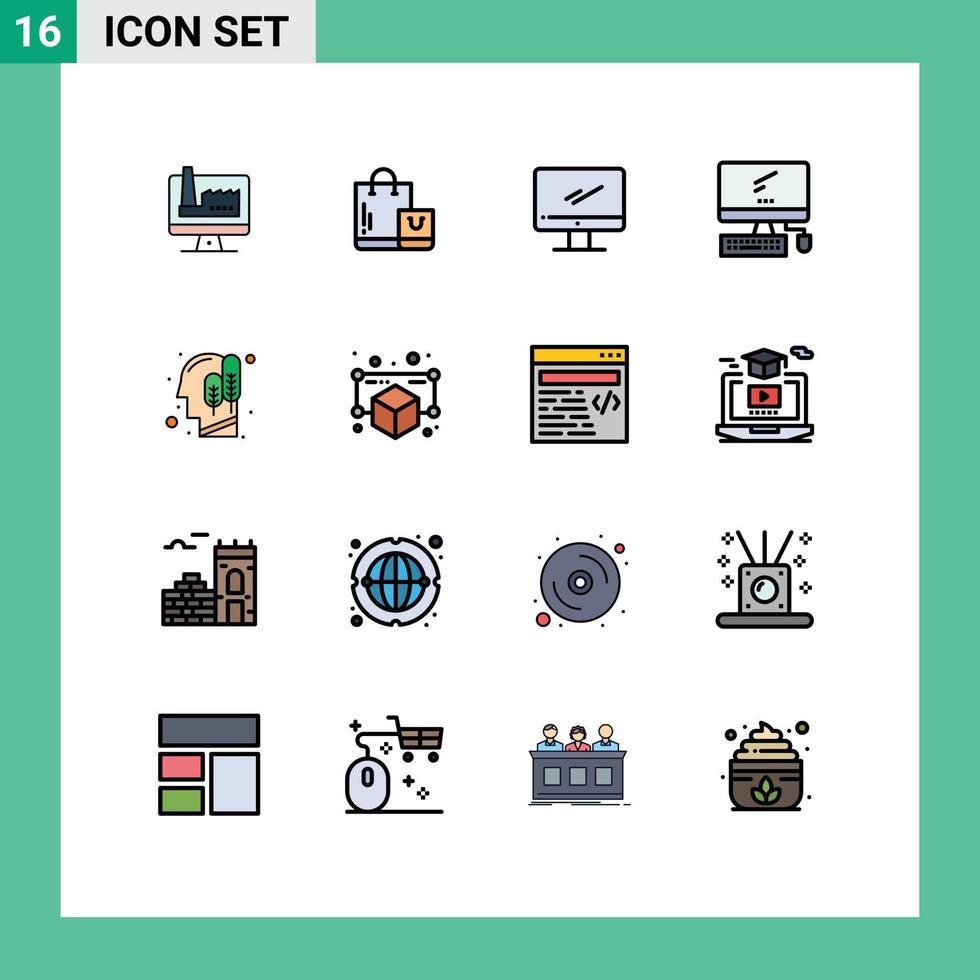 16 linhas preenchidas de cores planas universais definidas para aplicativos móveis e web gadget cabeça de computador humano pc elementos de design de vetores criativos editáveis