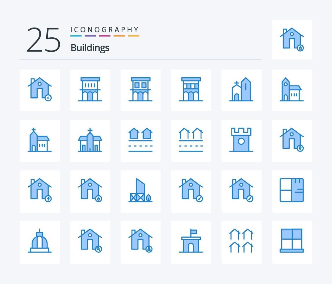 edifícios 25 pacote de ícones de cor azul, incluindo habitação. Estado. propriedade. mosteiro. igreja vetor