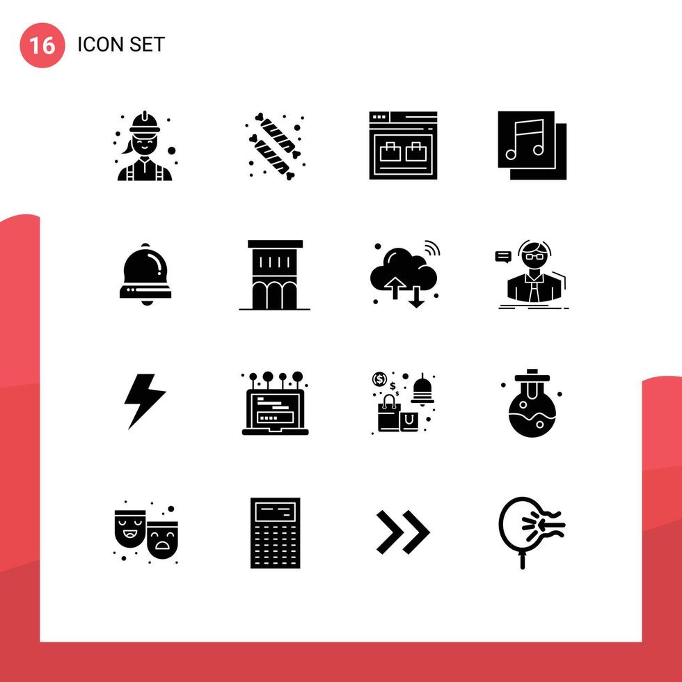conjunto moderno de 16 glifos e símbolos sólidos, como elementos de design de vetores editáveis de sites de mídia de sino, álbuns de comida