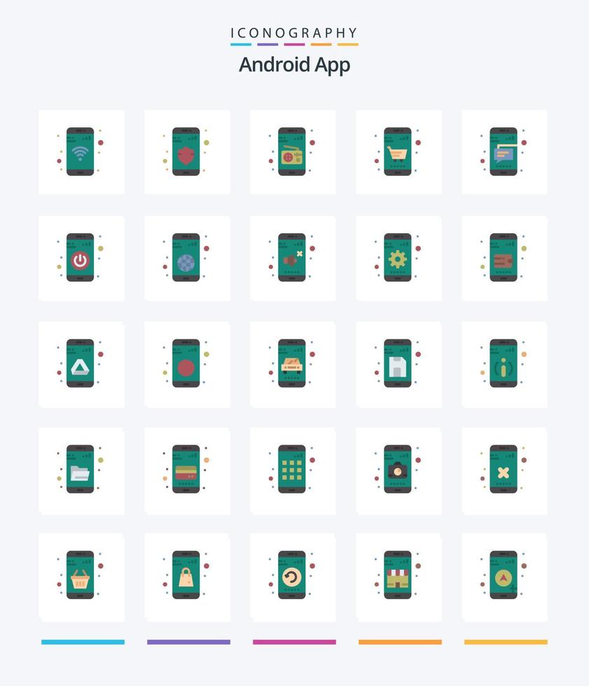 aplicativo android criativo 25 pacote de ícones planos, como texto. Móvel. meios de comunicação. mensagem. carrinho vetor