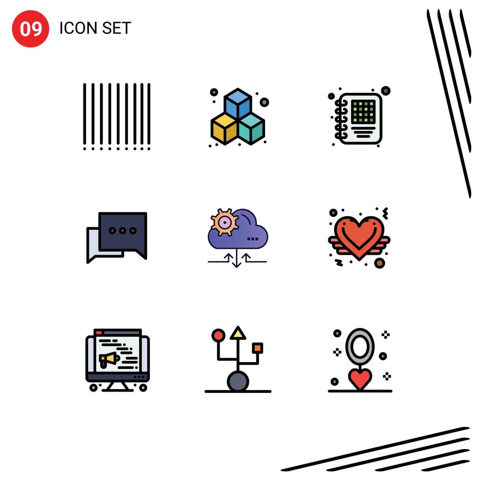 9 interface de usuário pacote de cores planas de linha cheia de sinais e símbolos modernos de bate-papo de coração de amor engrenagem de anjo de amor elementos de design de vetores editáveis