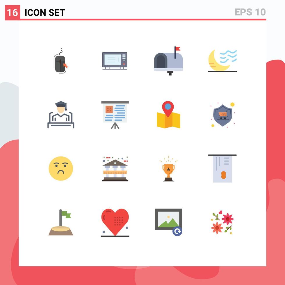 conjunto de cores planas de interface móvel de 16 pictogramas de pacote editável de email de clima de forno de lua de sono de elementos de design de vetor criativo