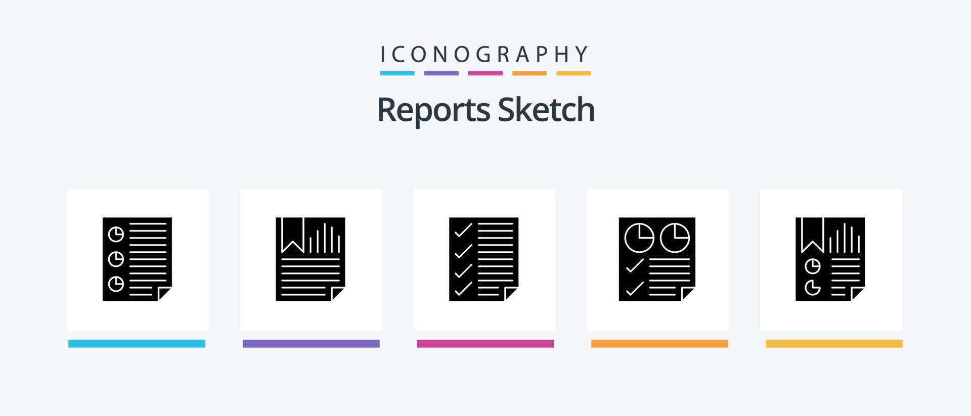 relatórios esboçam o pacote de ícones do glifo 5, incluindo a página. dados. papel. relatório. documento. design de ícones criativos vetor